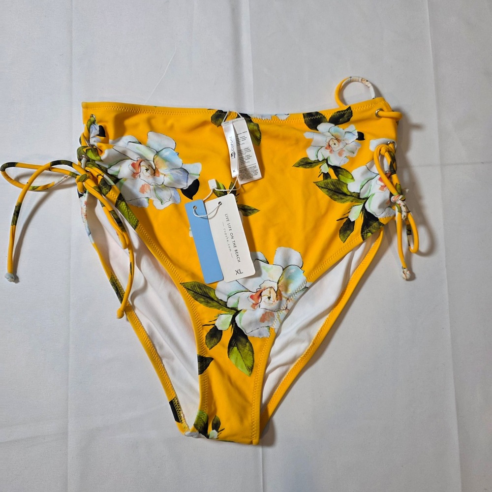 Cupshe XL Yellow Floral High Waisted Bikini Bottom Side Tie Swim Brief NWT